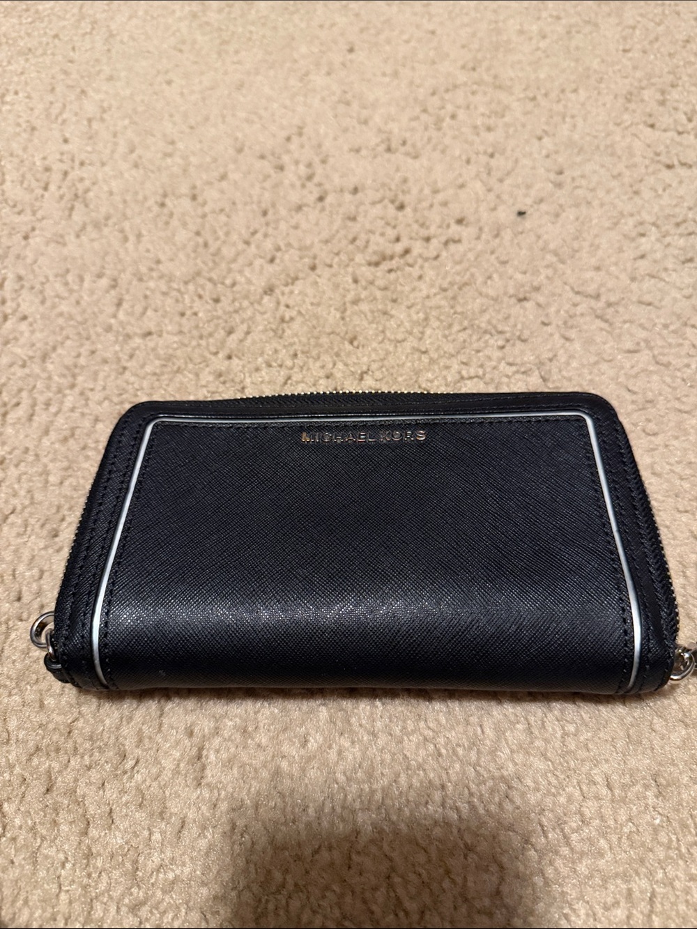 Michael Kors Black Leather Zip Wallet with White Trim